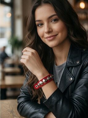 Red Edgy Rock Chic Silver Studded Spike Leather Bold Bracelet Concert Adjustable